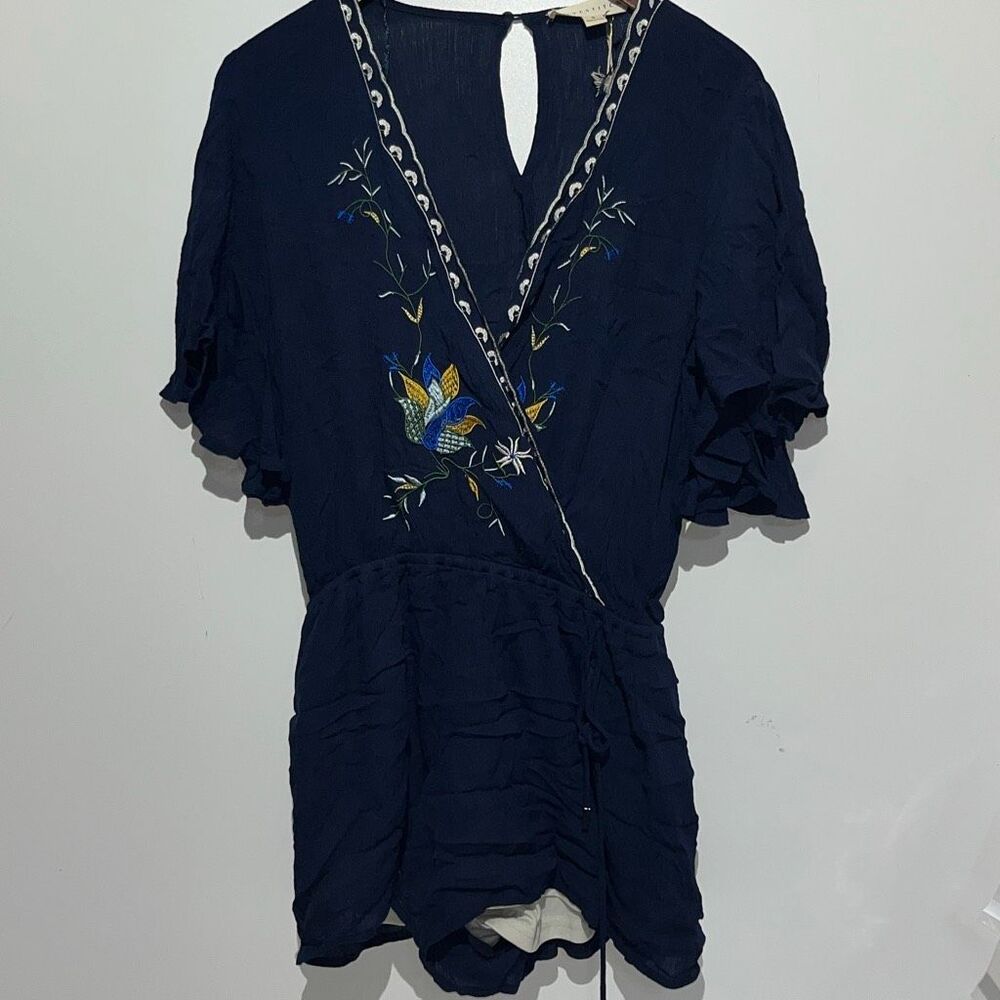 Lovestitch Women's Navy Blue Embroidered Tie Waist Romper Shorts Small NWT